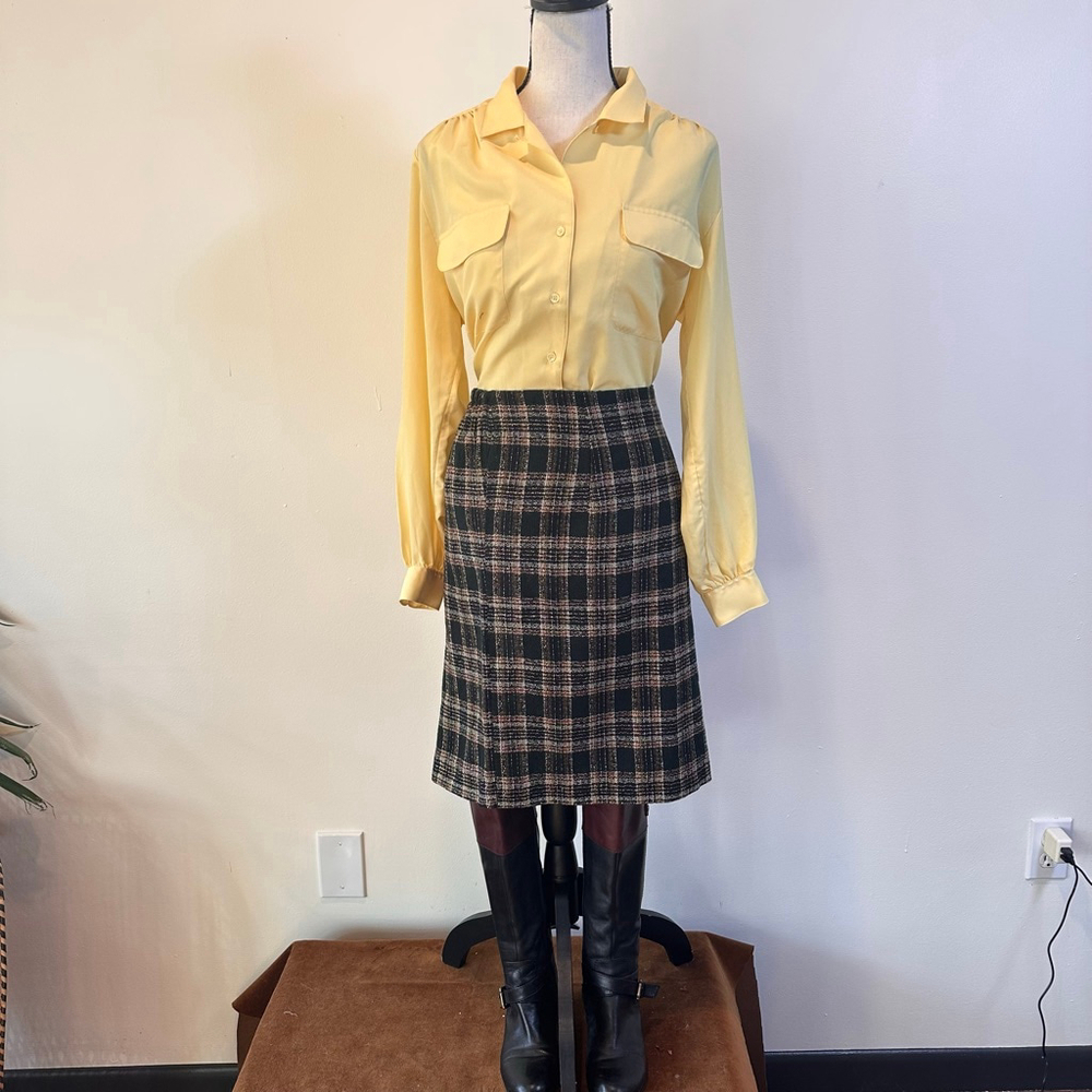 Vintage Plaid Skirt M Green Yellow A-Line Textured Academia Classic